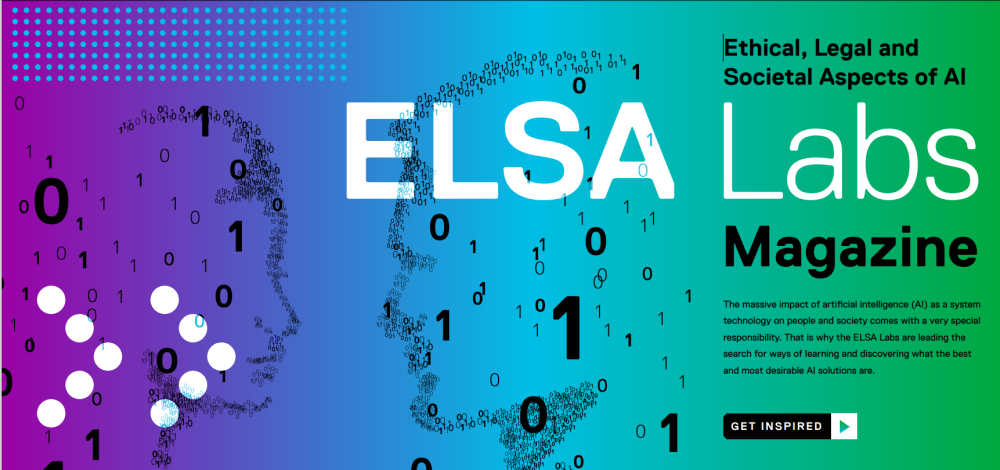 The title page of the ELSA Labs Magazine. The image shows two faces made up of ones and zeroes, across which ELSA Labs has been written. 